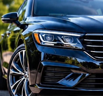 Glossy black sedan featured in the Elegant Mobile Detail flyer